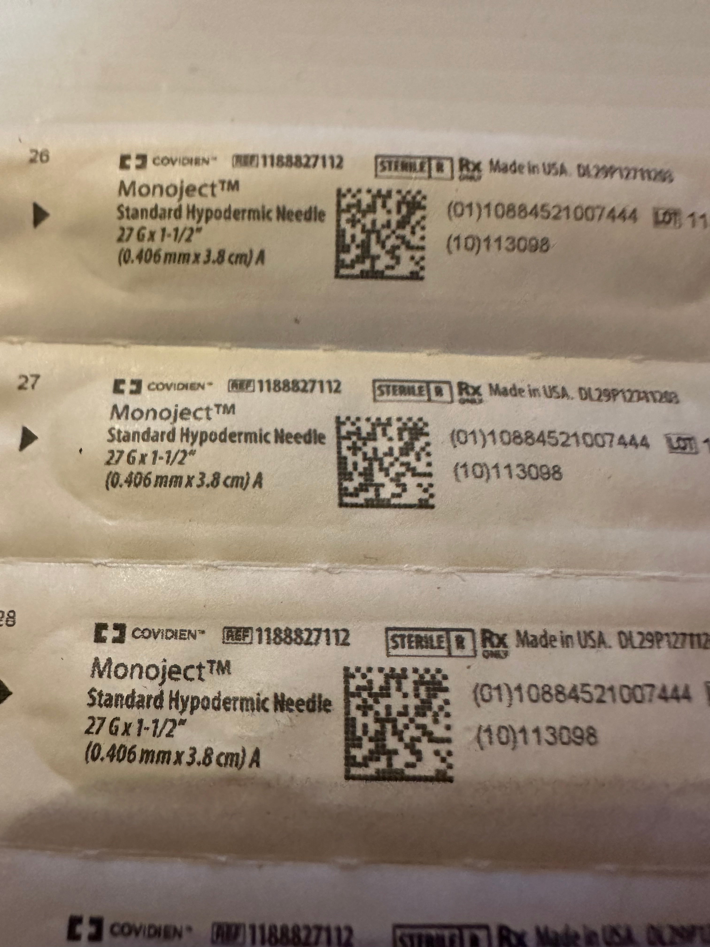 Standard Hypodermic Needle 27G x 1 1/2 ( pkg of 3)