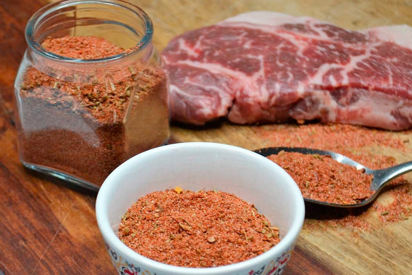 meat seasonings souffle dish ribeye cutting board