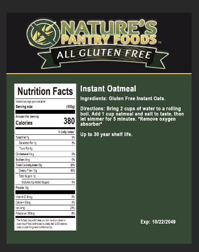 Gluten Free Instant Oatmeal ( Bucket)