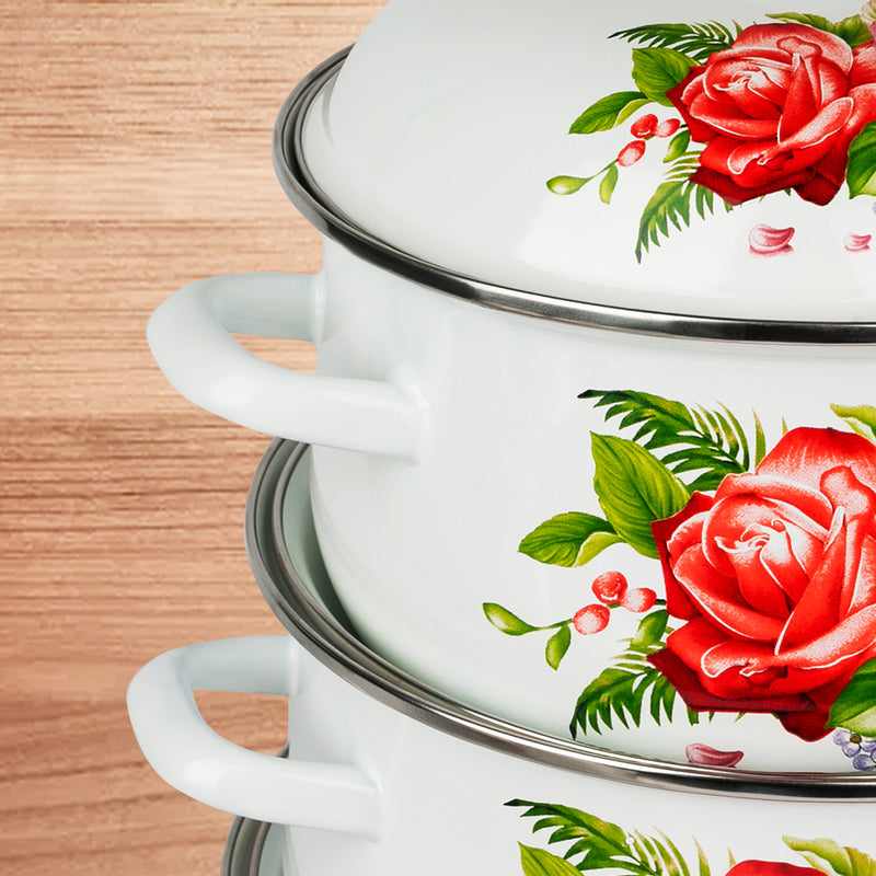 Rose Paradise Enamel Cooking Pots, 2, 3 and 4 Liters, Kitchen