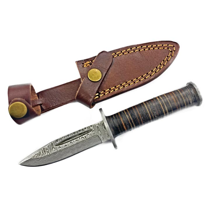 TD-708 MILITARY STYLE CLIFF POINT KNIFE HIGH CARBON DAMASCUS BLADE HAND MADE BY TITAN STACKED LEATHER HANDLE