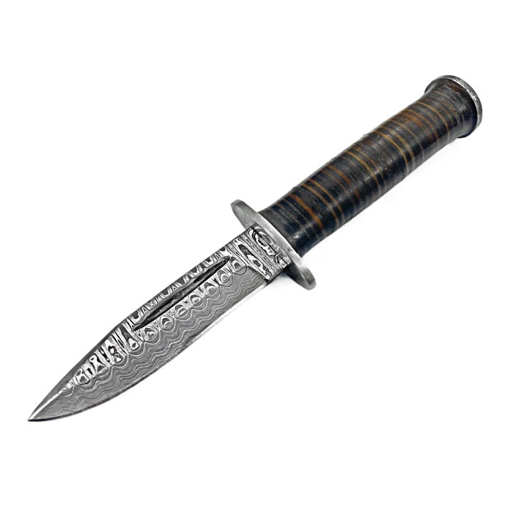 TD-708 MILITARY STYLE CLIFF POINT KNIFE HIGH CARBON DAMASCUS BLADE HAND MADE BY TITAN STACKED LEATHER HANDLE